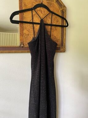 Vintage 1990s Cache Black Bodycon Glitter Halter Maxi Dress Gown Size 2 Prom
